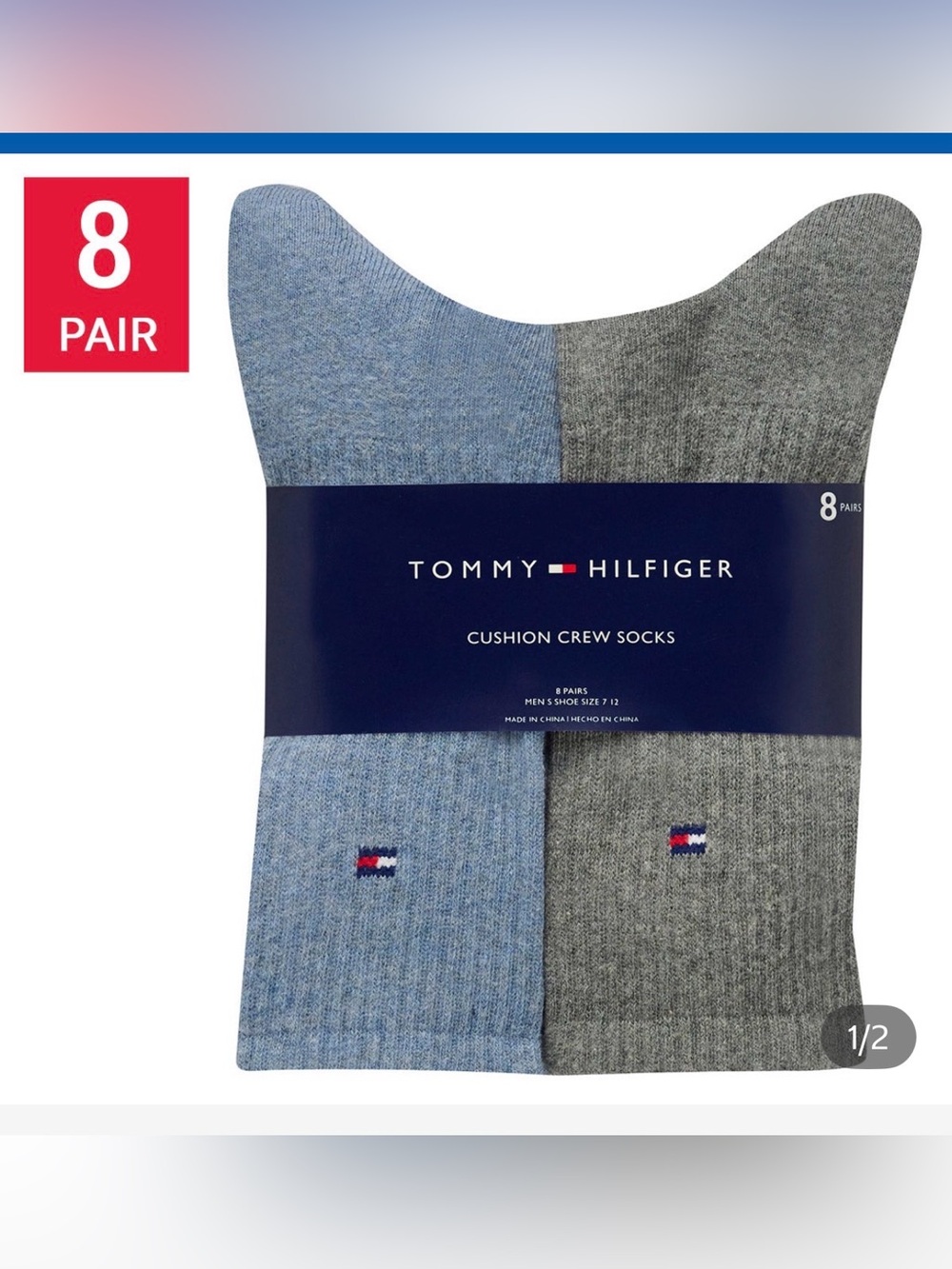 (6)Tommy Hilfiger White Crew Socks with Red & Blue Flag Accent - 8 Pack